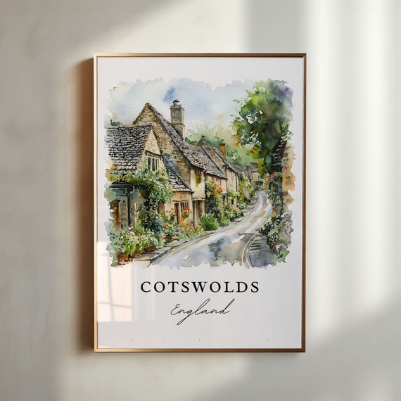 Cotswolds England Watercolor Travel Poster, Art Print