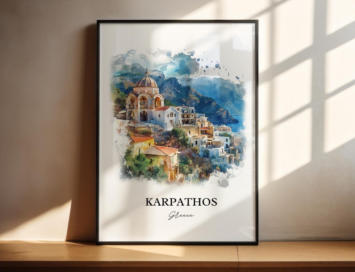 Karpathos Greece Island Church Village Watercolor Travel Poster