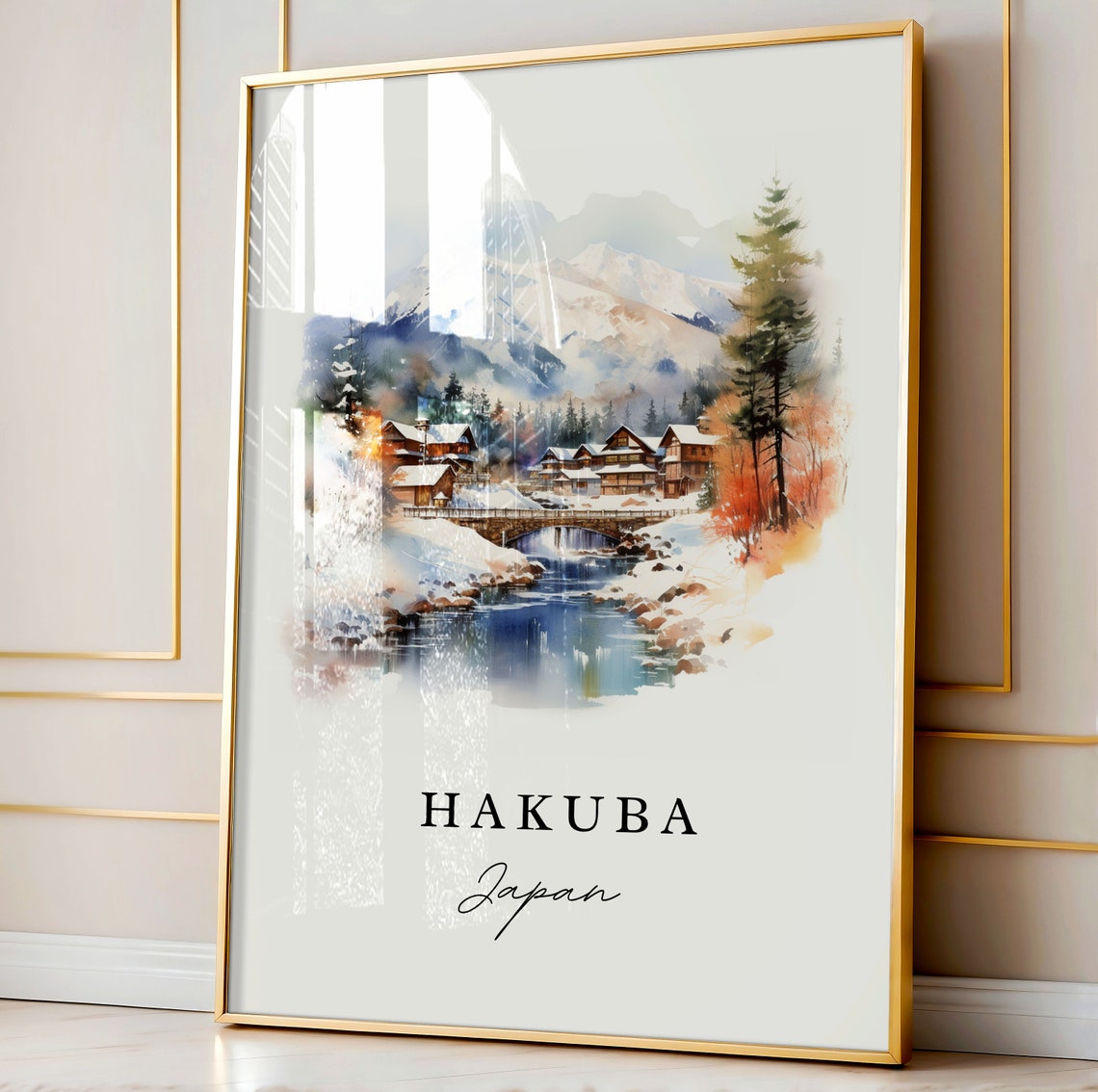 Hakuba Japan Watercolor Snowy Alpine Mountain Village Scene Poster - Image 3
