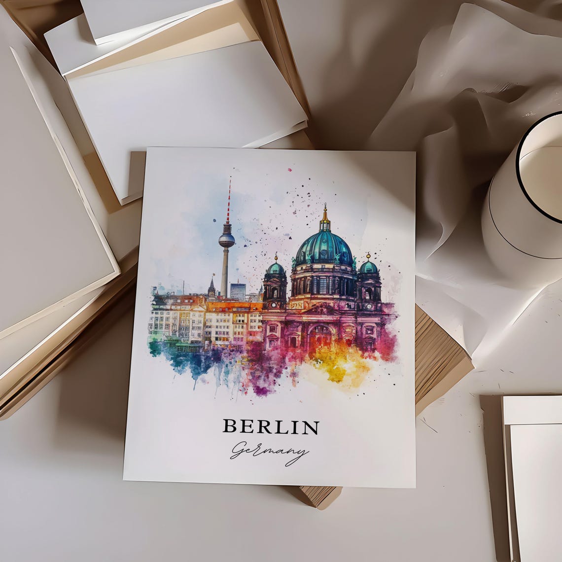 Berlin Germany Cathedral and TV Tower Skyline Watercolor Poster - Image 6