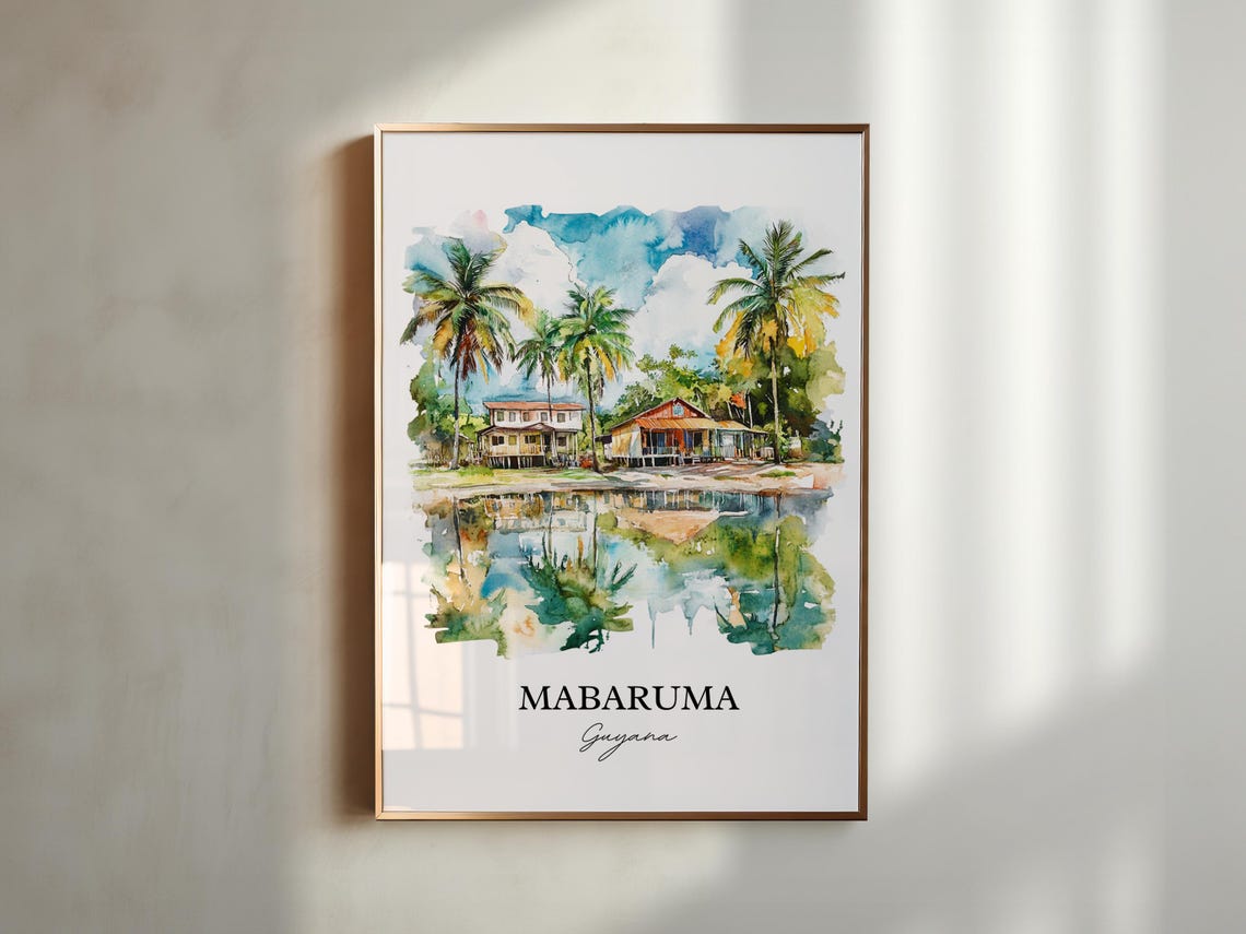 Mabaruma Guyana Watercolor Riverside Houses Palms Scene Poster - Image 6