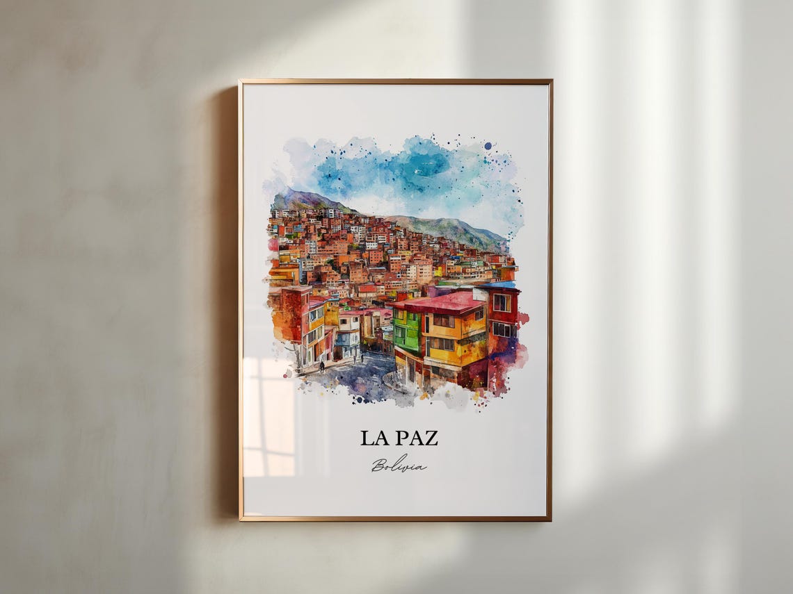 La Paz Bolivia Hillside Colorful Houses Watercolor Travel Art Poster - Image 4