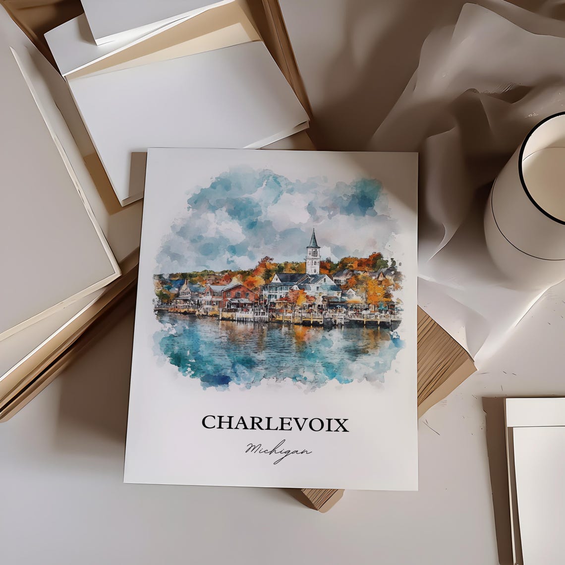 Charlevoix Michigan Harbor Town Autumn Watercolor Coastal Poster - Image 5