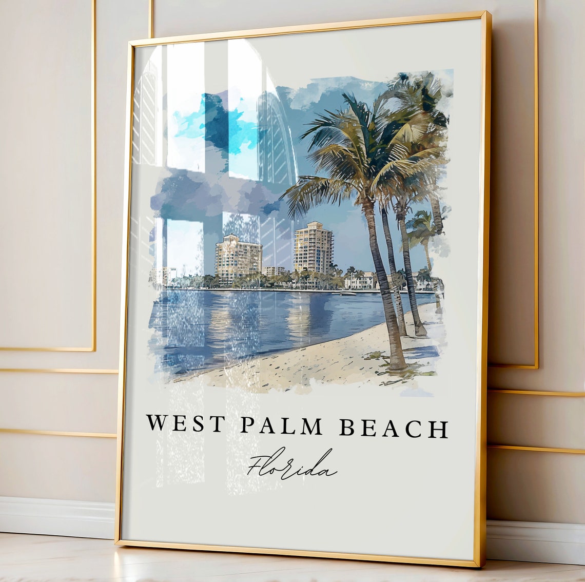 West Palm Beach Florida Palms Skyline Watercolor Travel Poster - Image 4
