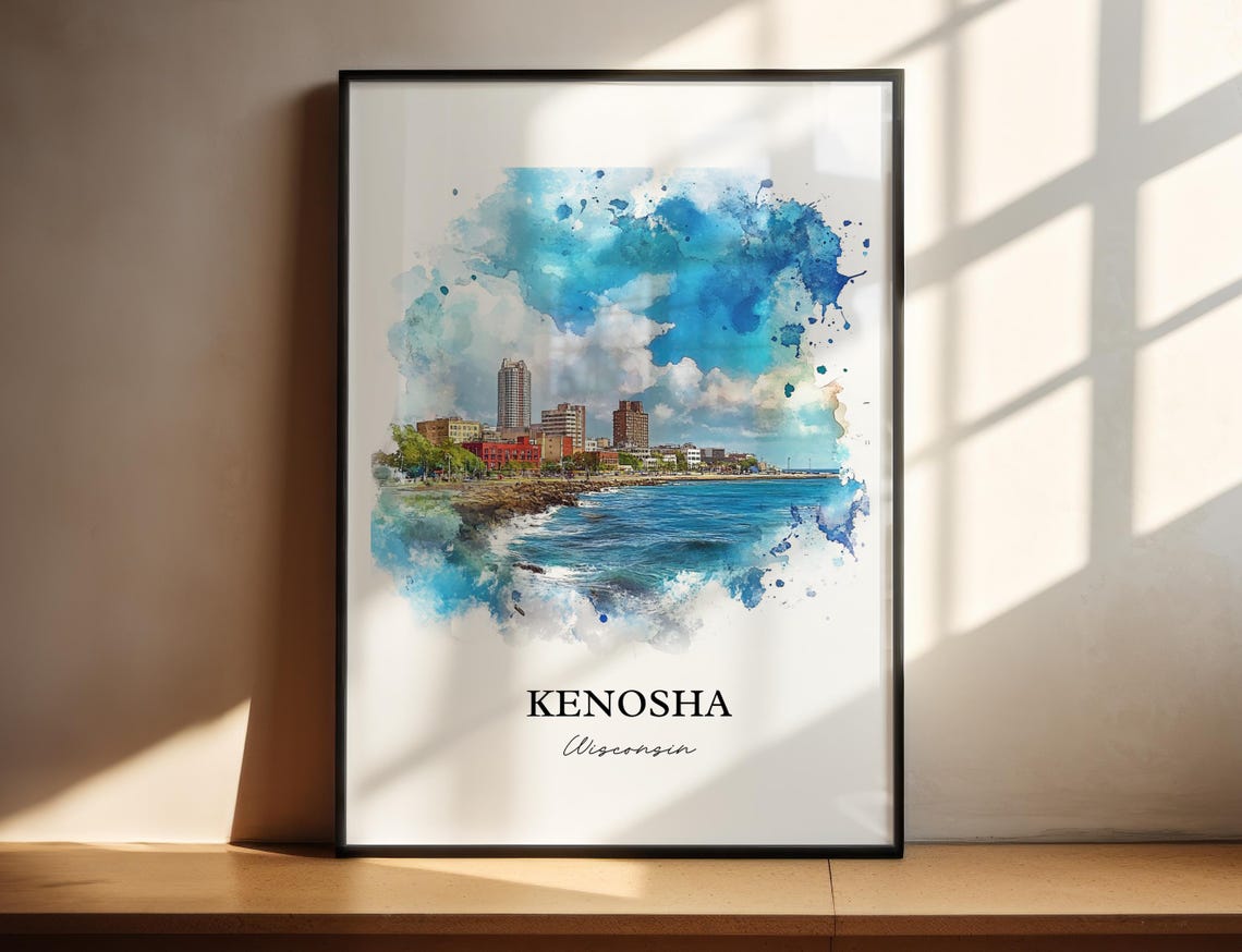 Kenosha Wisconsin Watercolor Lakefront Skyline Blue Waves Poster