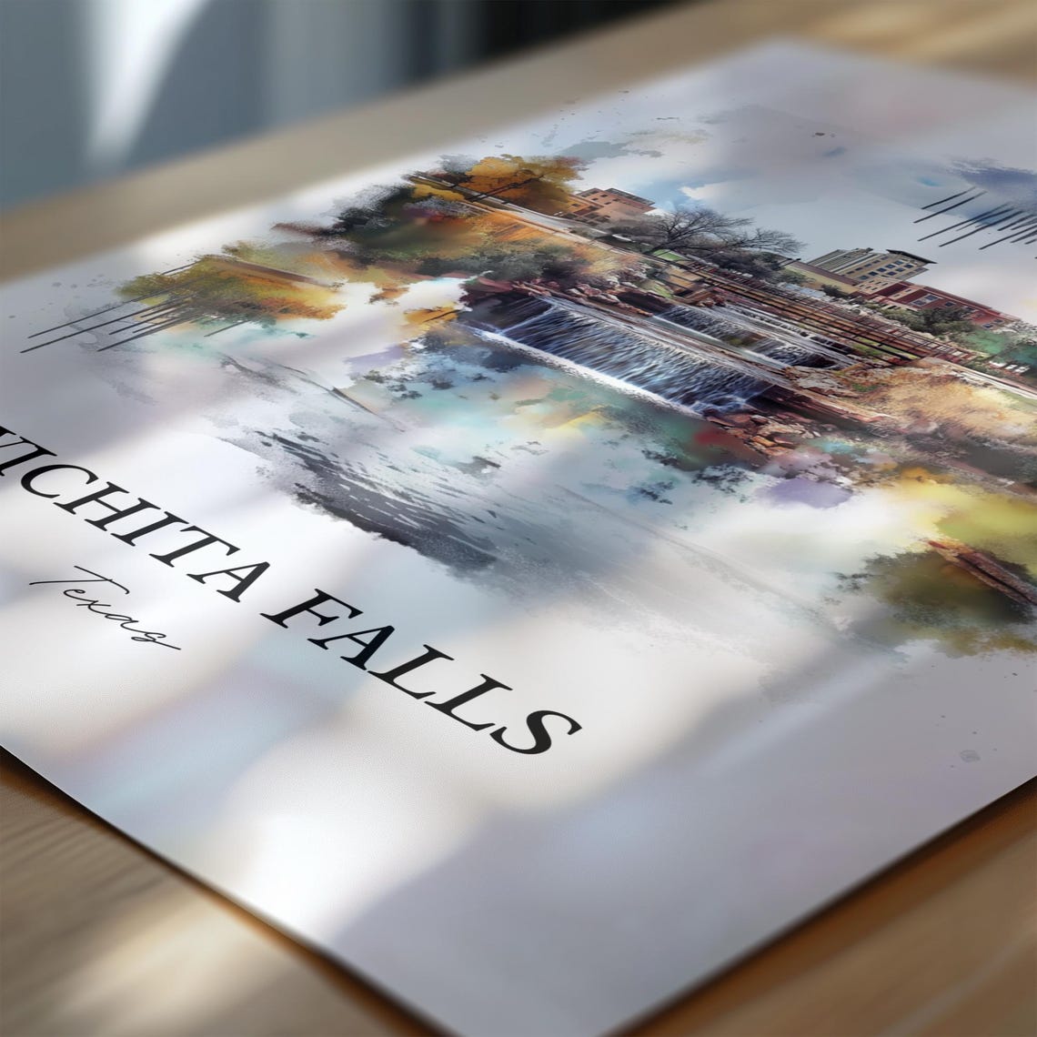Wichita Falls Texas Downtown Waterfall Cityscape Watercolor Poster - Image 6