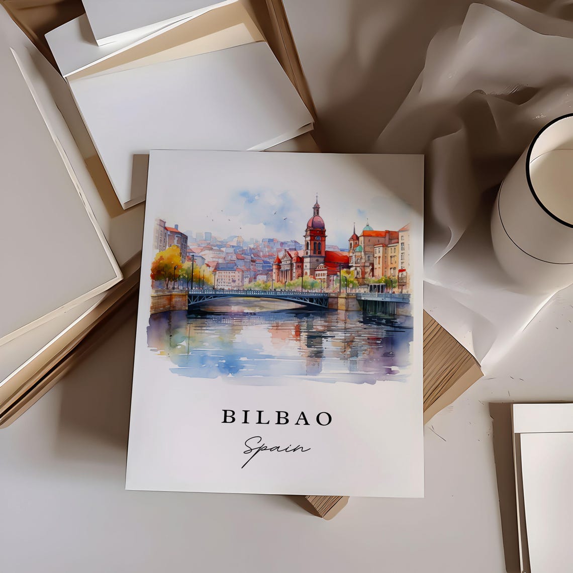 Bilbao Spain Historic River Bridge Old Town Watercolor Travel Poster - Image 6