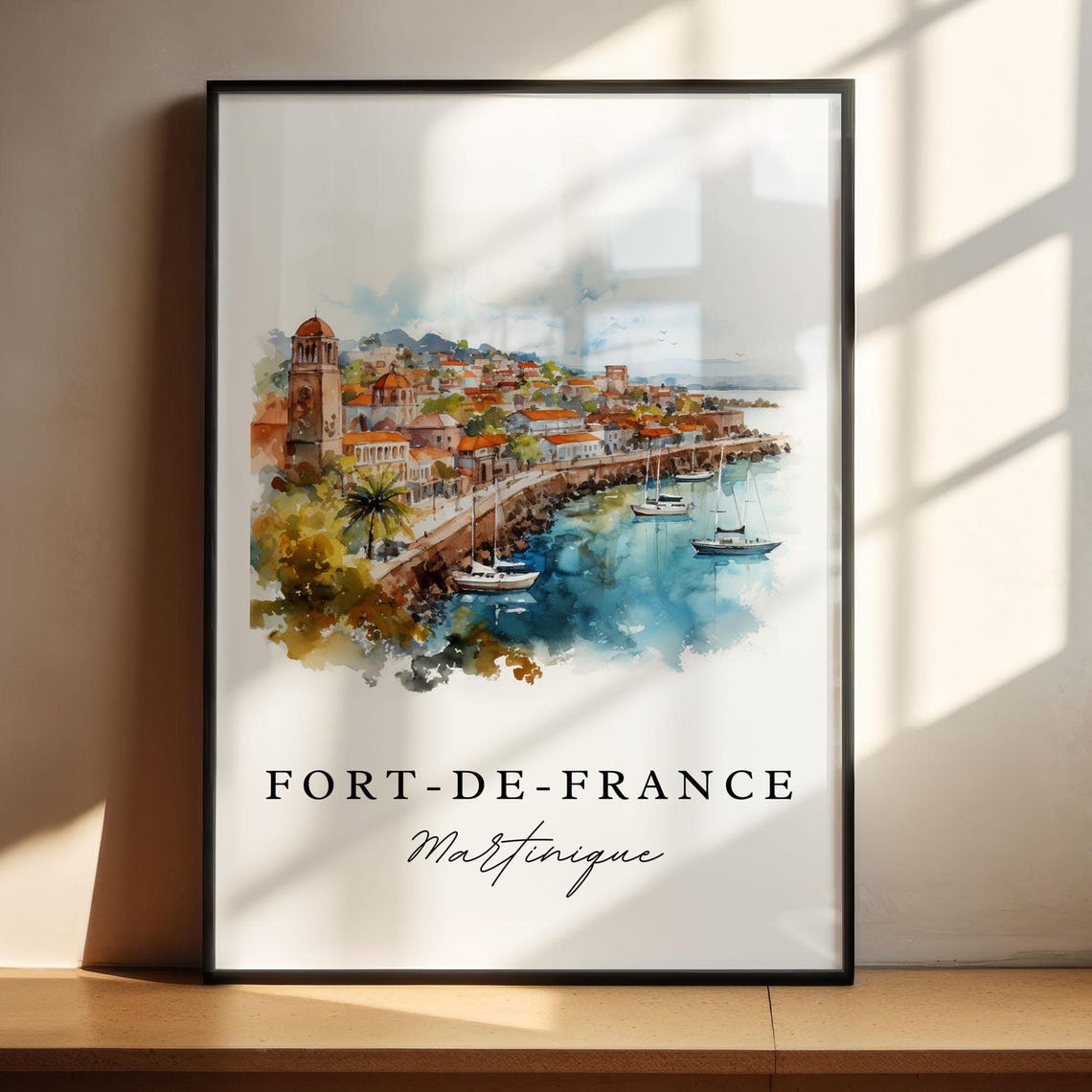 Fort de France Martinique Harbor Watercolor Sailboat Scene Poster