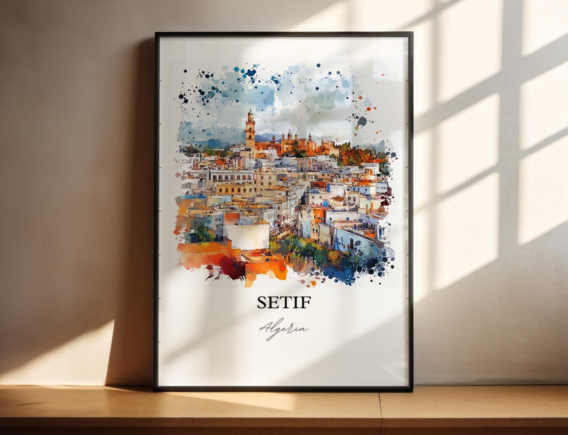 Setif Algeria Historic Old Town Tower Watercolor Cityscape Poster - Image 4