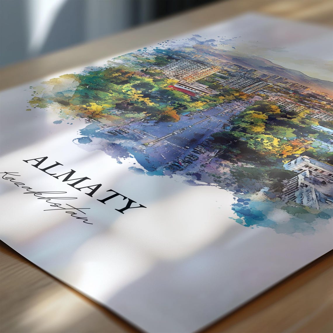 Almaty Kazakhstan Watercolor Green City Mountain View Travel Poster - Image 7