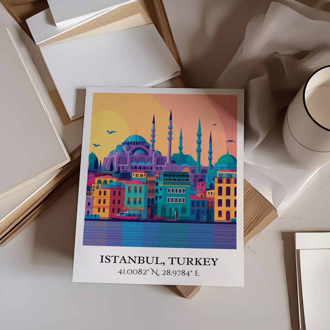 Istanbul Turkey Mosque Minarets Sunset Waterfront Retro Style Poster - Image 4
