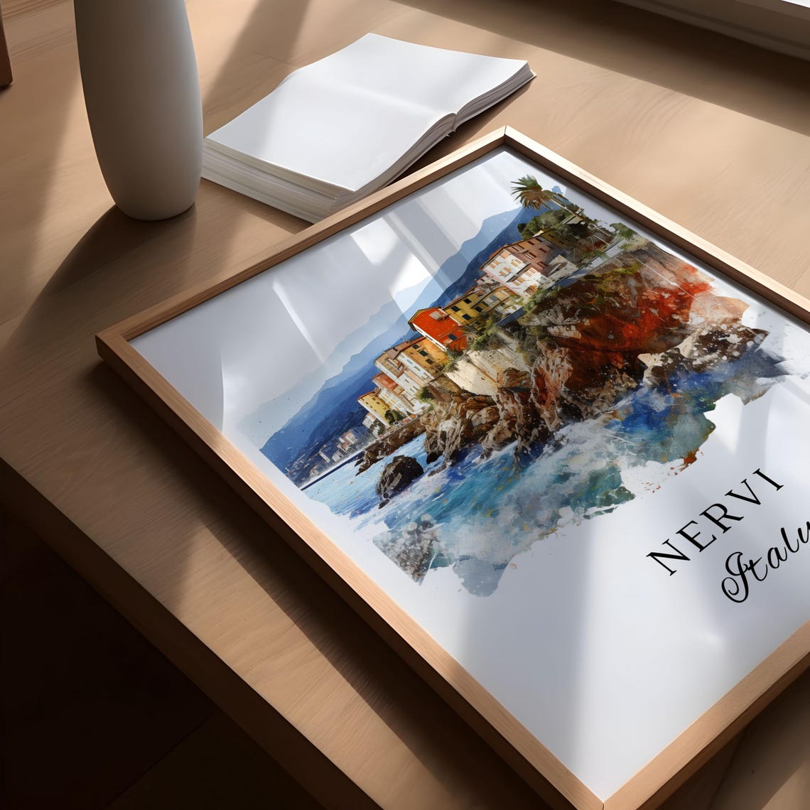 Nervi Italy Riviera Coast Colorful Cliffside Town Watercolor Poster - Image 4