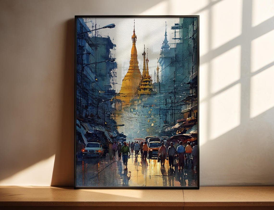Yangon Myanmar Golden Stupa Rainy Street Watercolor Cityscape Poster