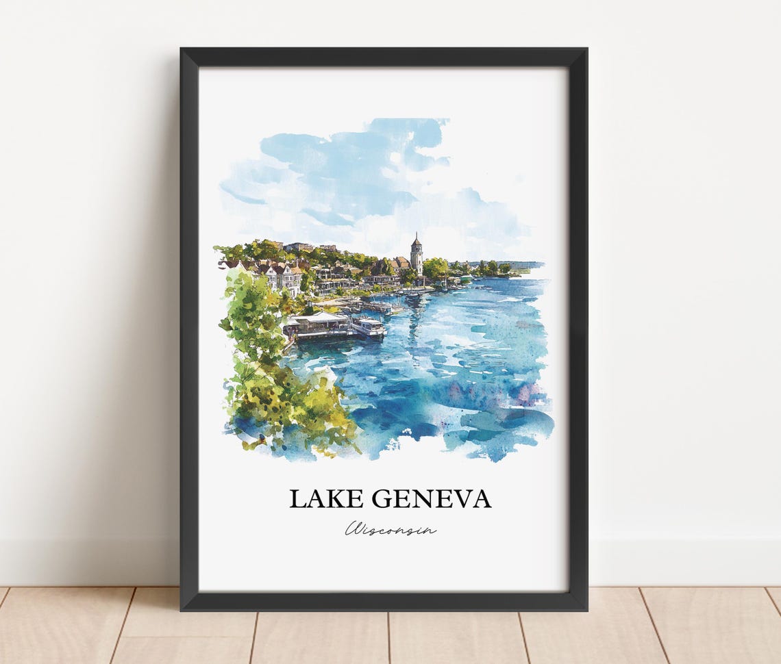 Lake Geneva Wisconsin Waterfront Resort Town Watercolor Poster - Image 3