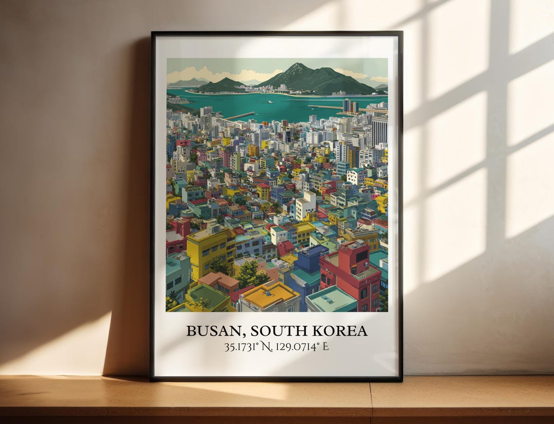 Busan South Korea Harbor Hillside Cityscape Retro Travel Poster