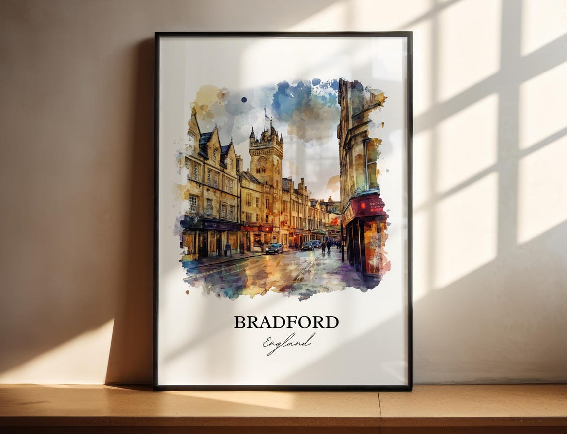 Bradford England Stone Historic Street Watercolor Travel Poster