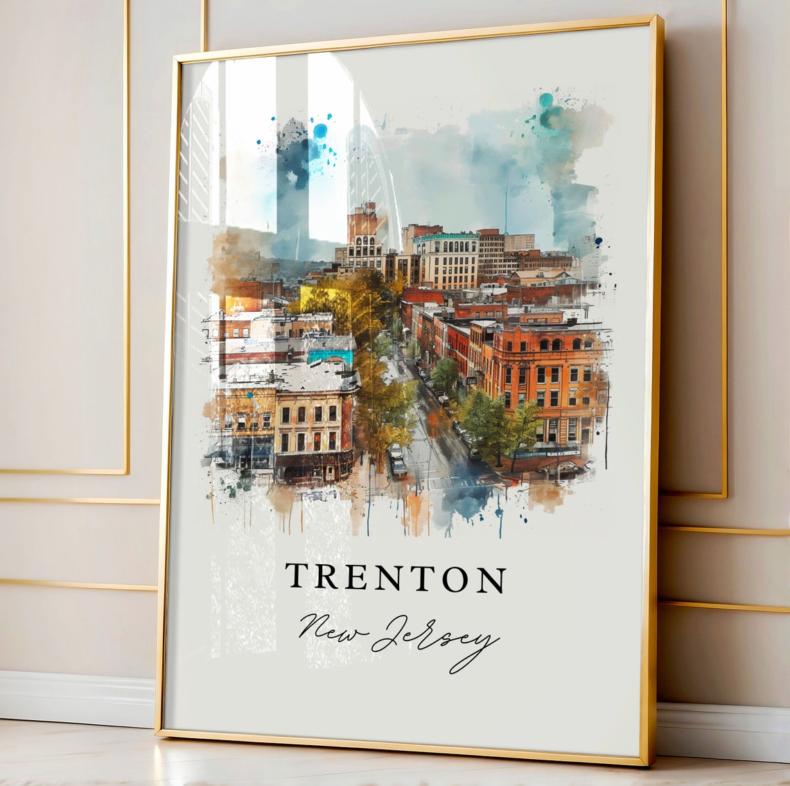 Trenton New Jersey Watercolor Downtown Rooftops Skyline Poster - Image 4