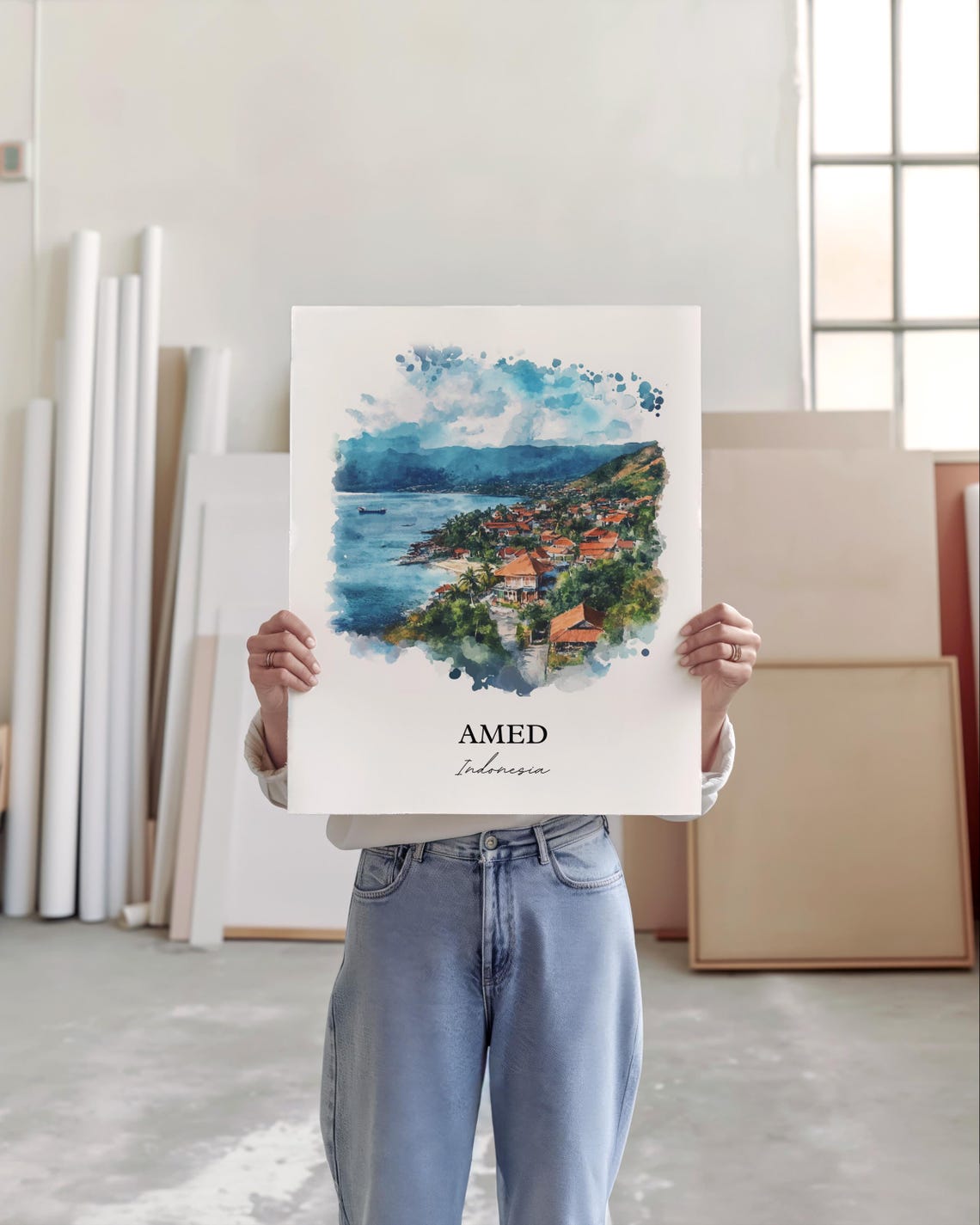 Amed Indonesia Watercolor Coastal Bay Red Roofs Ocean View Poster - Image 5