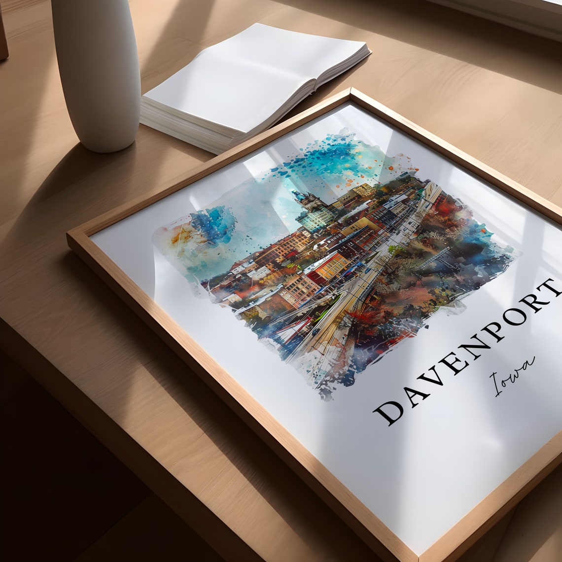 Davenport Iowa Watercolor Downtown Skyline Clock Tower Poster - Image 5