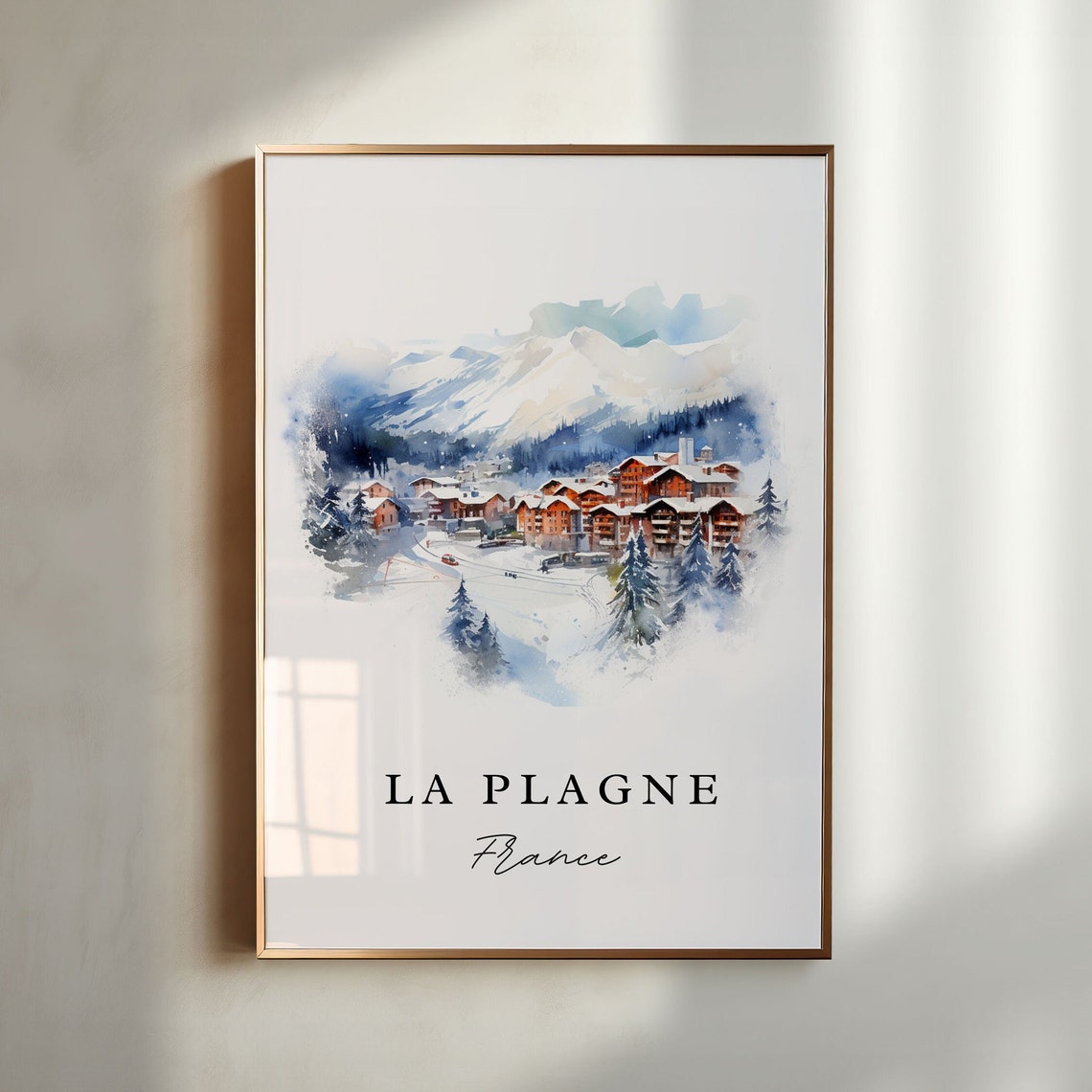 La Plagne France Alpine Ski Resort Chalets Watercolor Travel Poster - Image 3