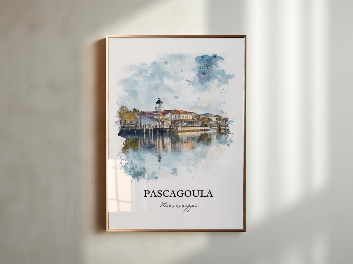 Pascagoula Mississippi Waterfront Buildings Watercolor Art Poster - Image 4