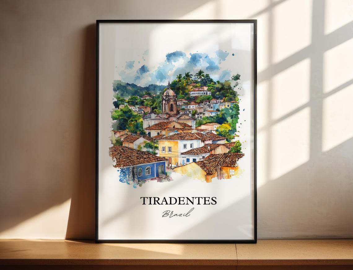 Tiradentes Brazil Watercolor Colonial Hillside Town Travel Poster