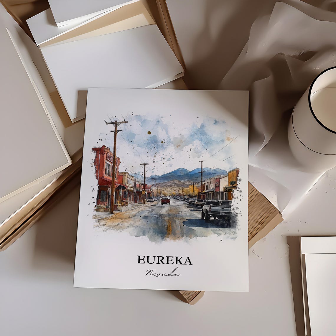 Eureka Nevada Main Street Mountain View Watercolor Travel Poster - Image 2
