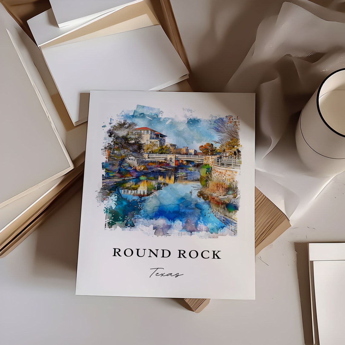 Round Rock Texas Watercolor Creek Bridge Reflection Scene Poster - Image 6