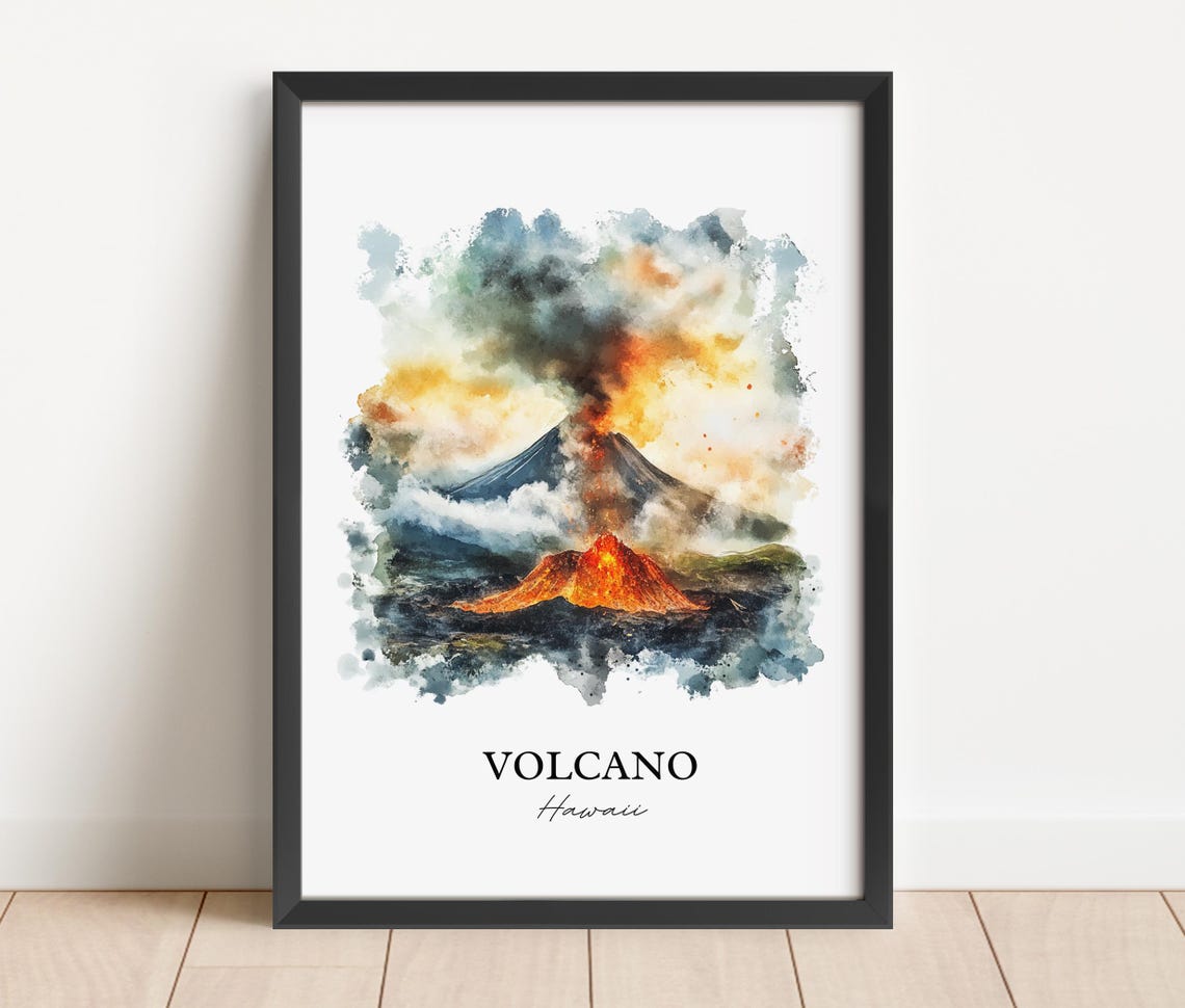 Volcano Hawaii Erupting Lava Watercolor Travel Art Gift Poster - Image 2