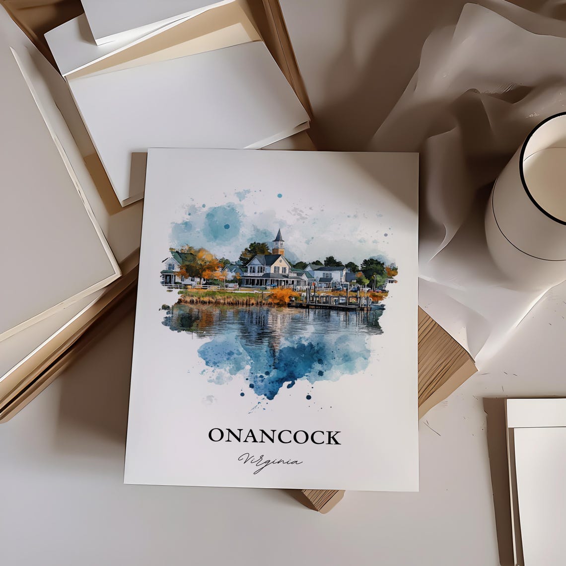 Onancock Virginia Watercolor Waterfront Town Church Reflection Poster - Image 3