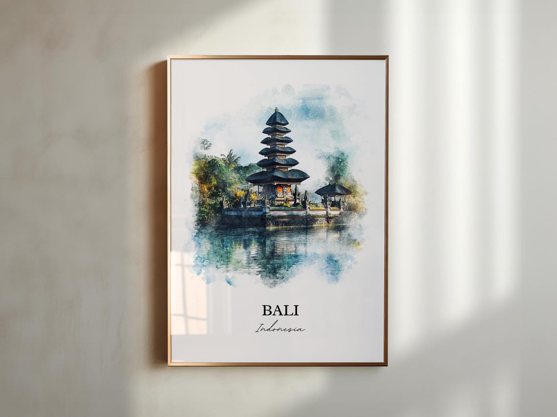 Bali Indonesia Watercolor Lake Temple Serene Island Scene Poster - Image 5
