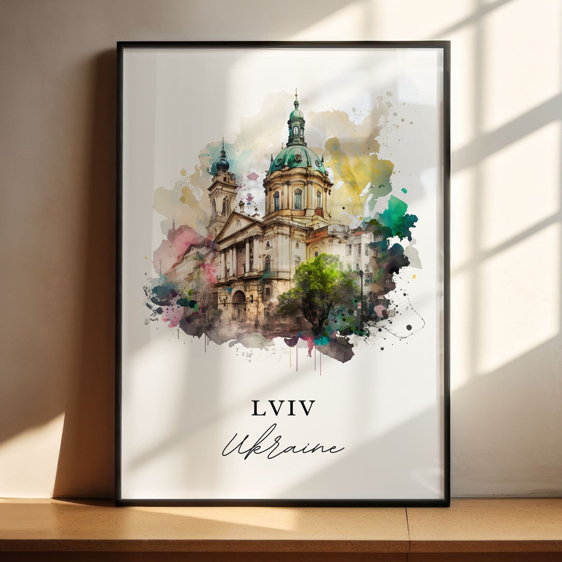 Lviv Ukraine Green Domed Cathedral Watercolor Art Travel Poster