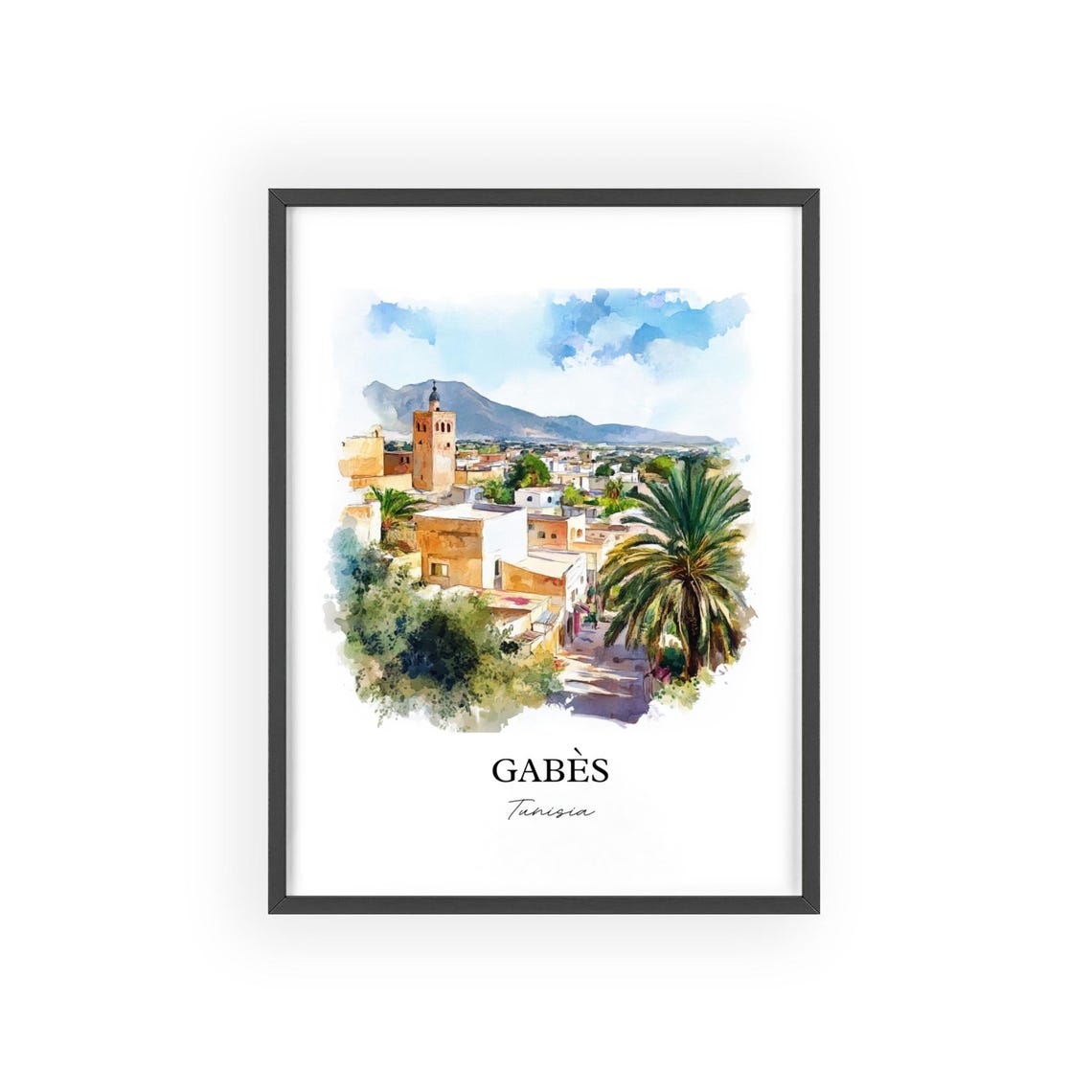 Gabes Tunisia Watercolor Old Town Minaret Palms Scene Poster - Image 2
