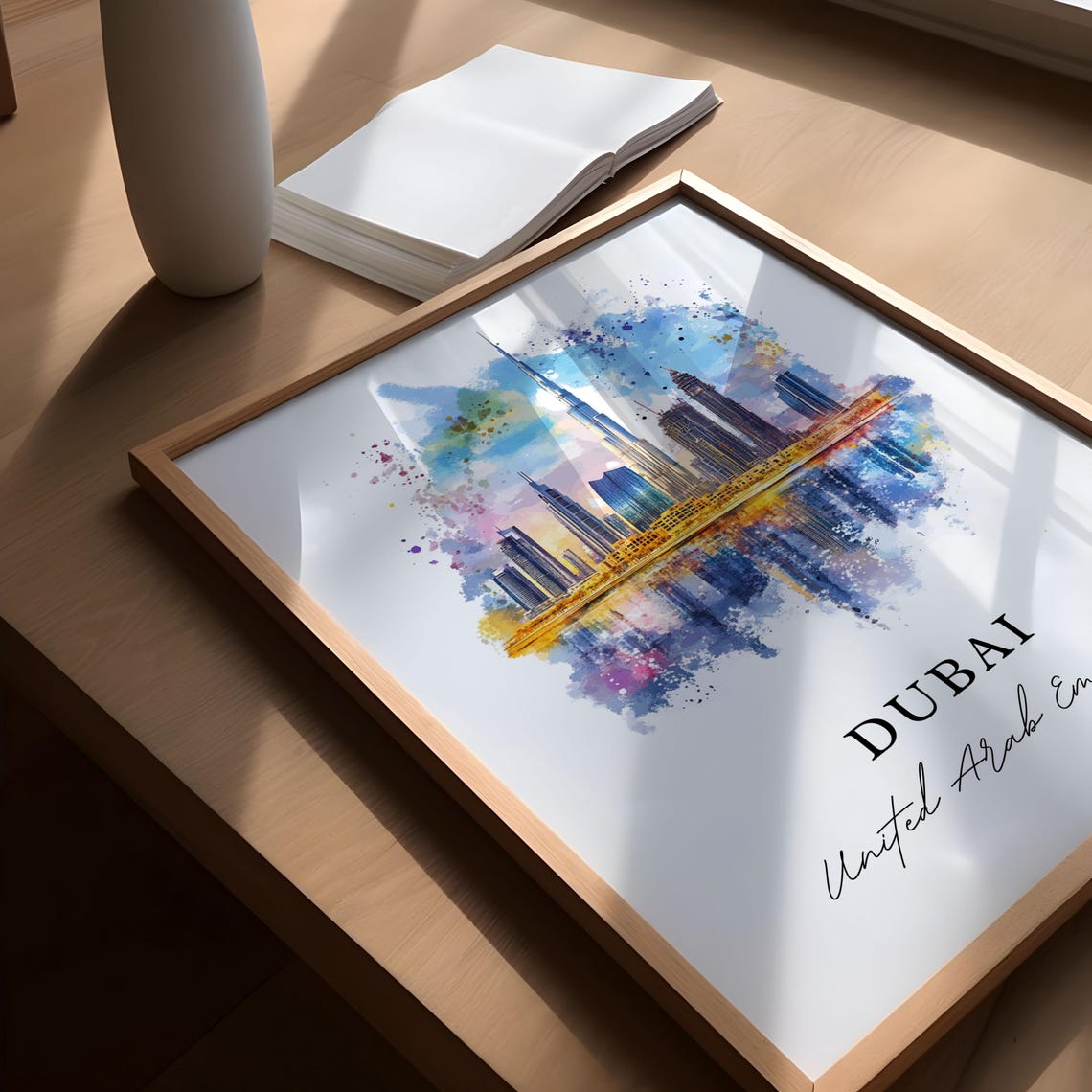 Dubai UAE Burj Khalifa Skyline Reflection Watercolor Travel Poster - Image 5