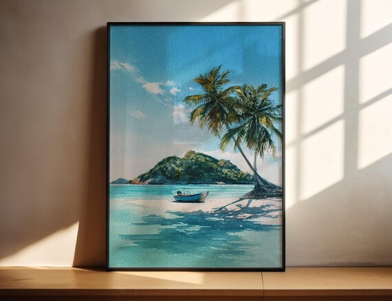 Providencia Island Colombia Palm Beach Turquoise Watercolor Art Poster