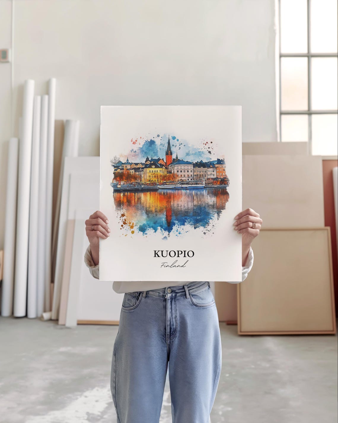 Kuopio Finland Lakefront City Watercolor Skyline Travel Art Wall Print - Image 5