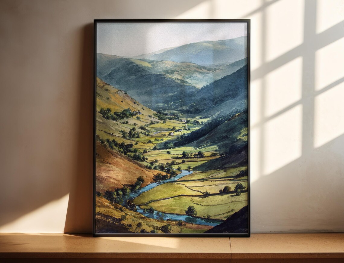 Lake District Watercolor Travel Poster, England Decor