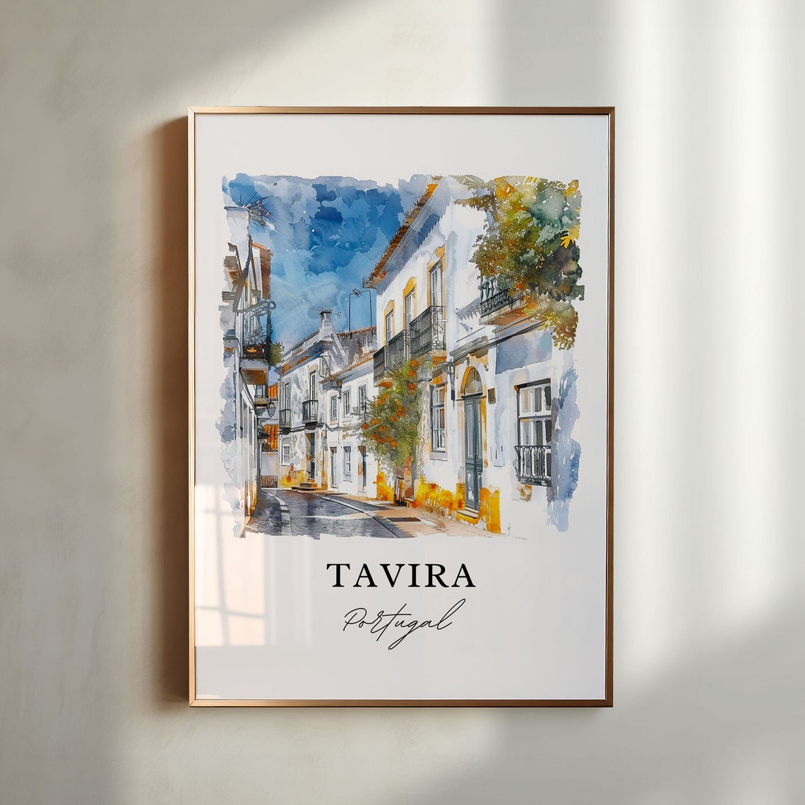 Tavira Portugal Algarve Whitewashed Street Watercolor Poster