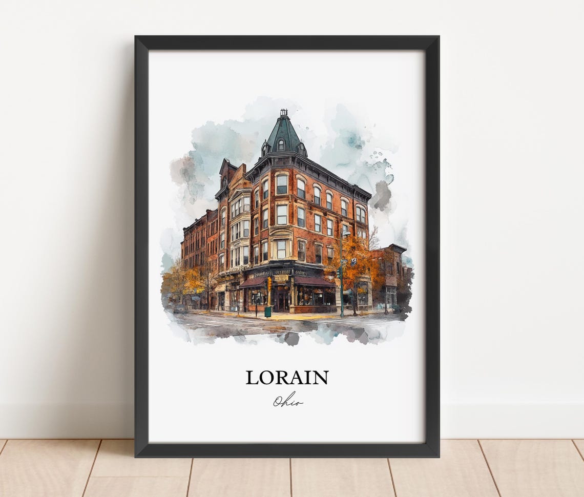 Lorain Ohio Watercolor Historic Brick Corner Building Poster - Image 3