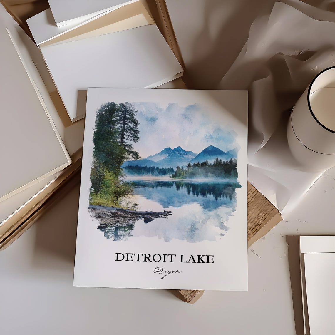 Detroit Lake Oregon Misty Mountain Lake Watercolor Travel Poster - Image 6