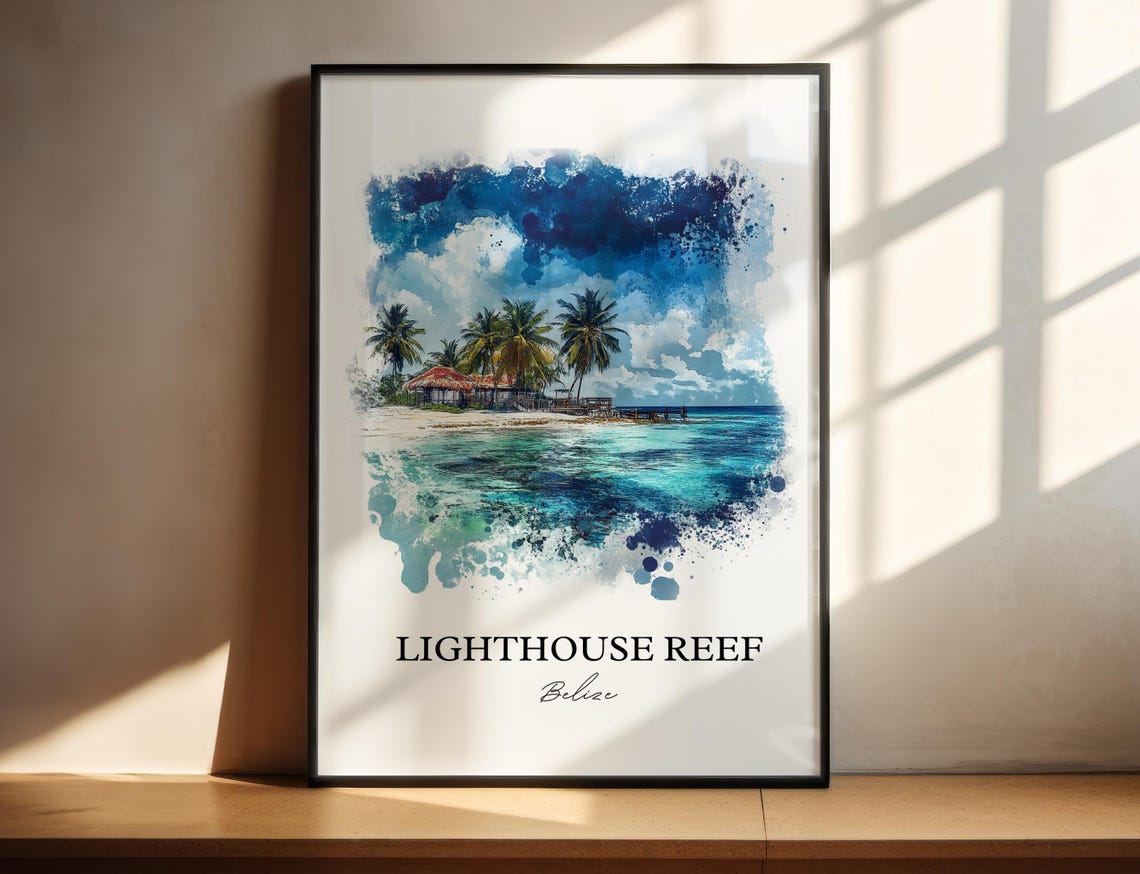 Lighthouse Reef Art Great Blue Hole Print Belize Watercolor Gift Travel Poster Housewarming