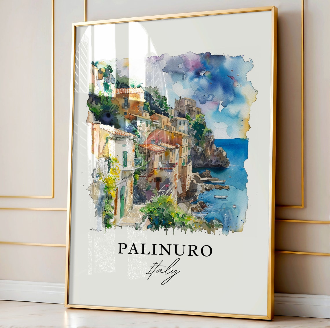Palinuro Italy Cliffside Coastal Village Watercolor Sea Poster - Image 4