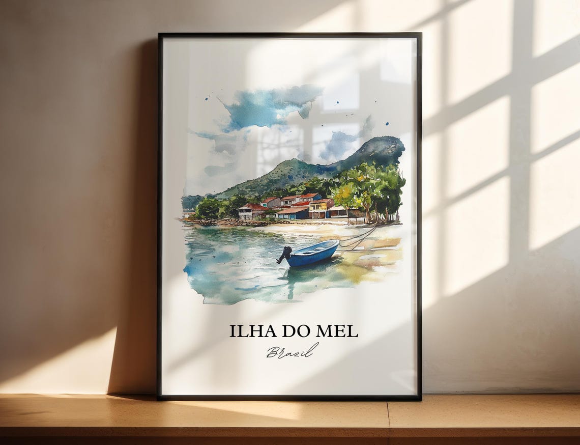 Ilha do Mel Brazil Island Shore Boat Watercolor Coastal Travel Poster