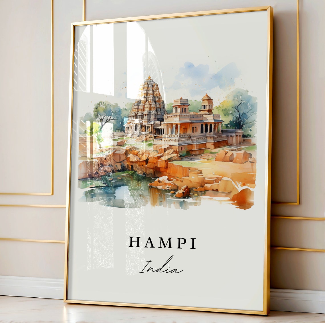 Hampi India Watercolor Ancient Stone Temple River Travel Poster - Image 4