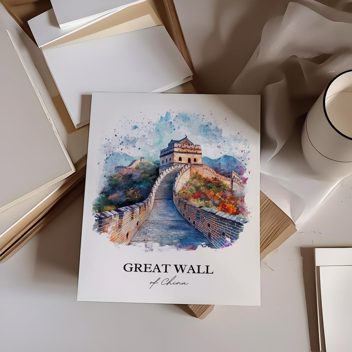 Great Wall of China Watchtower Mountains Watercolor Travel Poster - Image 2