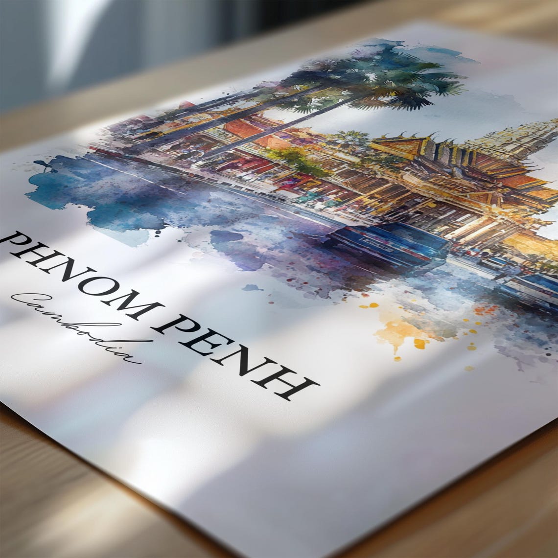 Phnom Penh Cambodia Watercolor Golden Temple Street Scene Poster - Image 6