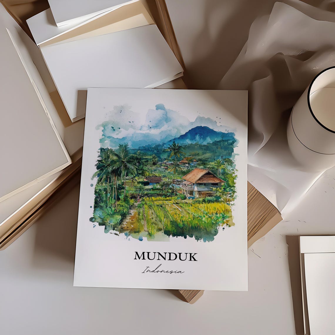 Munduk Indonesia Watercolor Rice Terrace Jungle Mountain Poster - Image 3