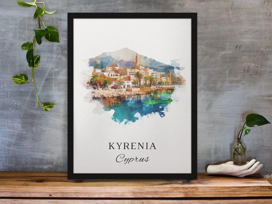 Kyrenia Cyprus Coastal Palm Town Harbor Watercolor Travel Poster - Image 3