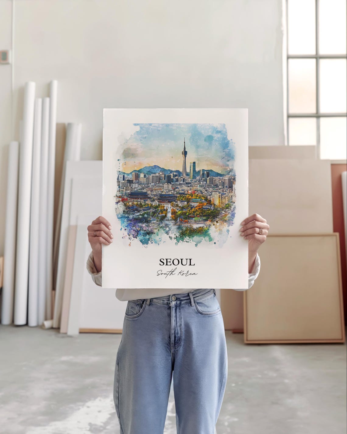 Seoul South Korea Watercolor N Tower Cityscape Travel Poster - Image 5