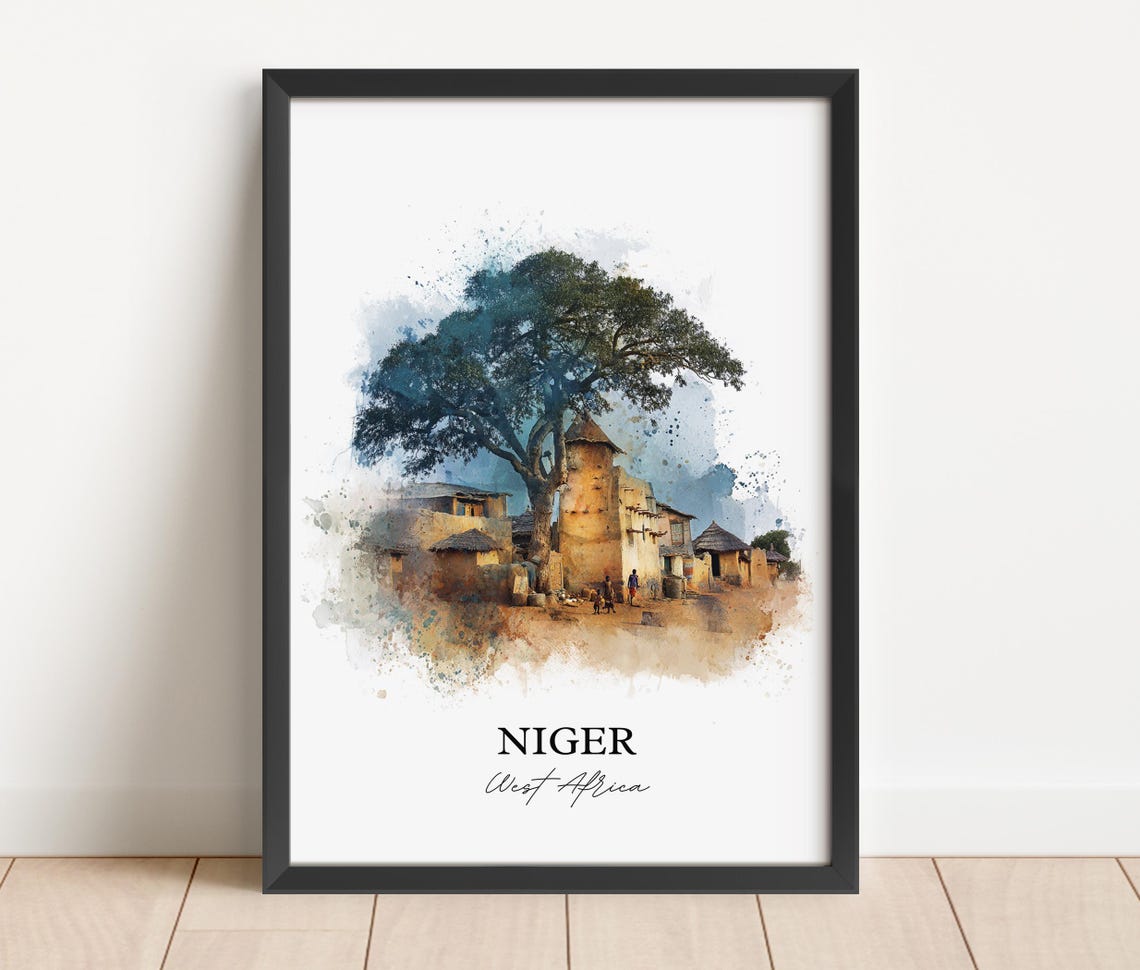 Niger West Africa Desert Village Baobab Shade Watercolor Poster - Image 2